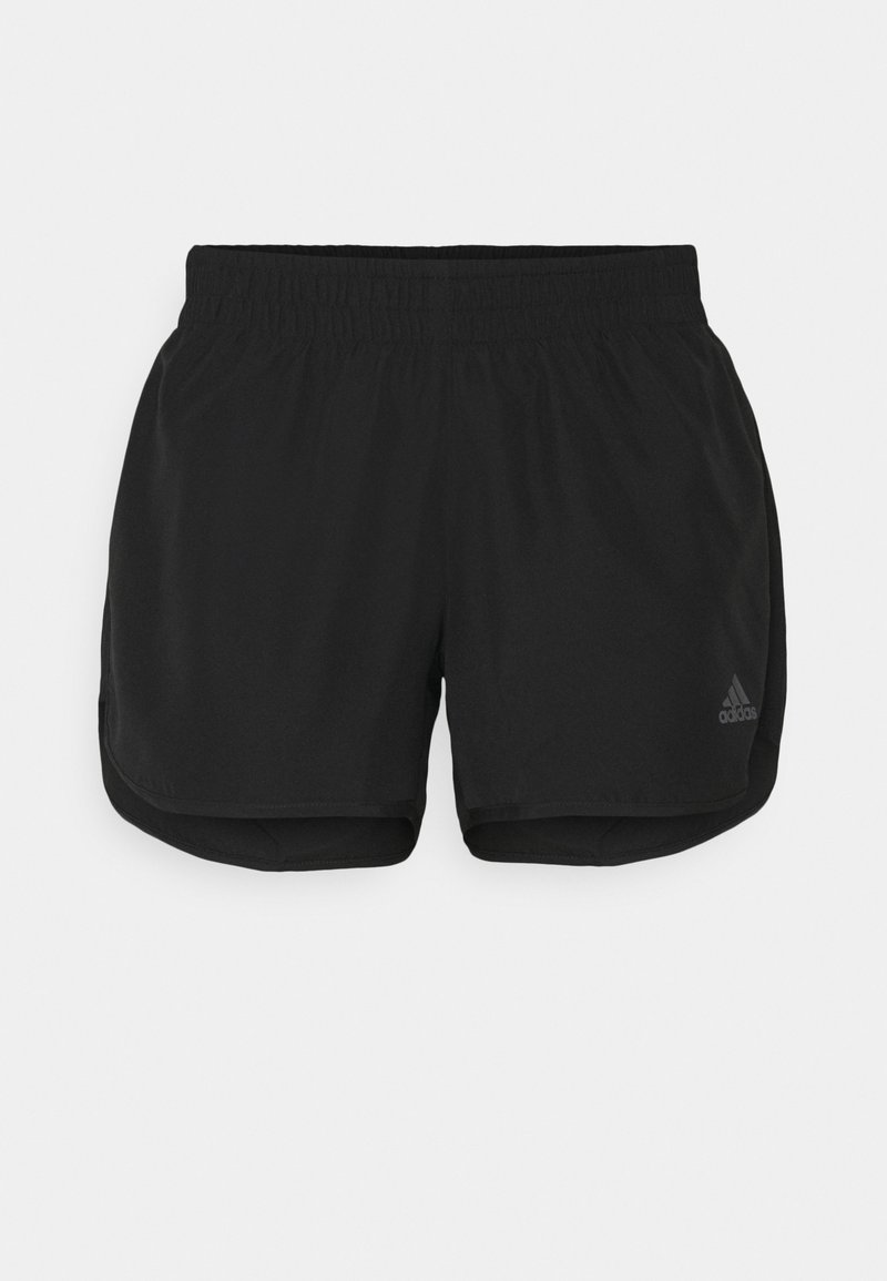Svarta atletiska shorts med elastisk midjeresår, gjorda av lätt material, med en liten präglad logga på nedre vänstra sidan.