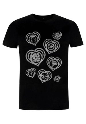 Black cotton t-shirt featuring multiple grey heart-shaped designs with various character motifs and symbols, including fists and logos.