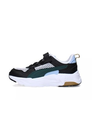 Zwart-witte sneaker met mesh-secties, teal en lichtblauwe accenten, dikke witte zool en een verstelbare band over de wreef.