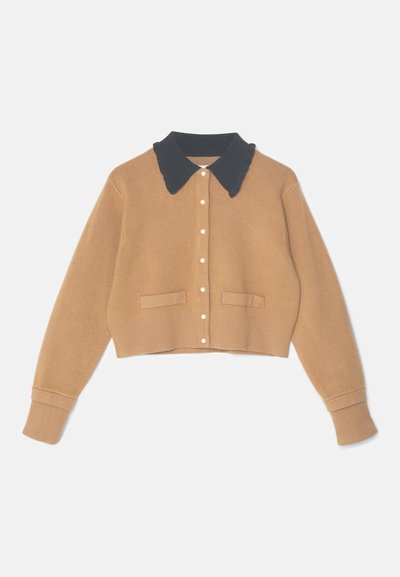 Rudas trumpas kardiganas su tamsiu apykakle, su mygtukų uždarymu, membiniu kraštu ir dviem priekinėmis kišenėmis. Minkšta tekstūra, minimalistiniai dizainas.