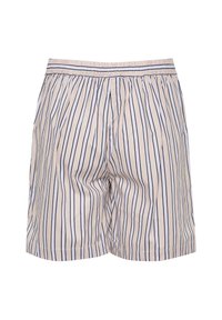 Boxer in cotone color beige chiaro con sottili righe blu navy. Presentano un elastico in vita con bordi contrastanti e tasche laterali.