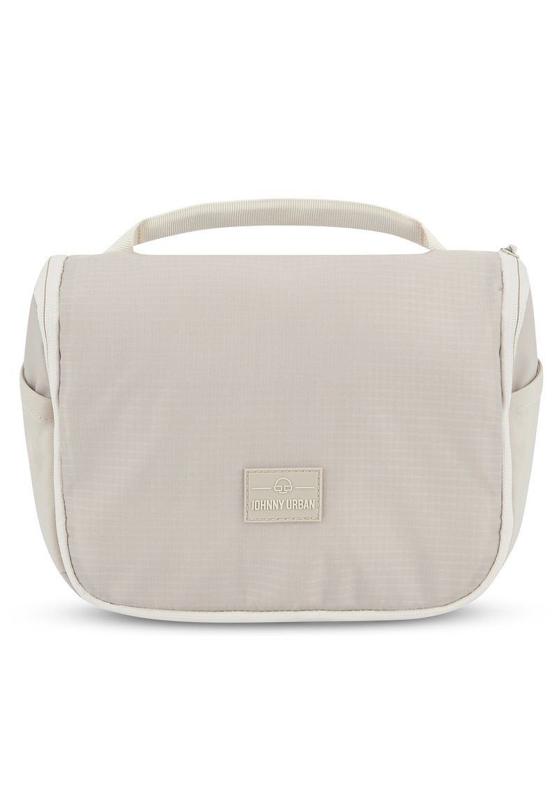 Vaaleanharmaa viestintälaatikko, jossa on tekstuuri, kermaisia yksityiskohtia, kahva päällä ja pieni tarralappu, jossa on "Johnny Urban" -logo. Vetoketjukiinnitys.
