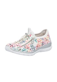 White athletic shoe with multicolored geometric pattern, featuring a side zipper, textured upper, and a flexible rubber sole.