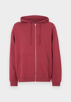 Red zip-up hoodie made of soft cotton blend, featuring a hood, front pockets, and elastic cuffs. Simple design with no visible patterns.