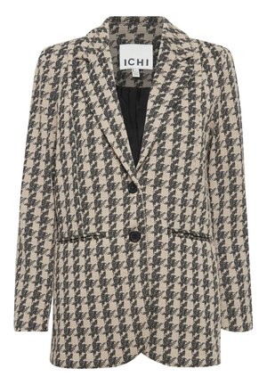 Blazer à motif pied-de-coq en tissu beige et noir, présentant un design à un bouton, des revers à cran et deux poches avant.