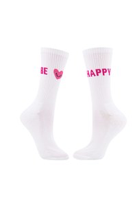 Weiße Baumwoll-Crew-Socken mit gerippten Bündchen; bedruckter Text "BE" und "HAPPY" in leuchtendem Pink, mit einem pinkfarbenen Herz, das ein lächelndes Gesicht zeigt.