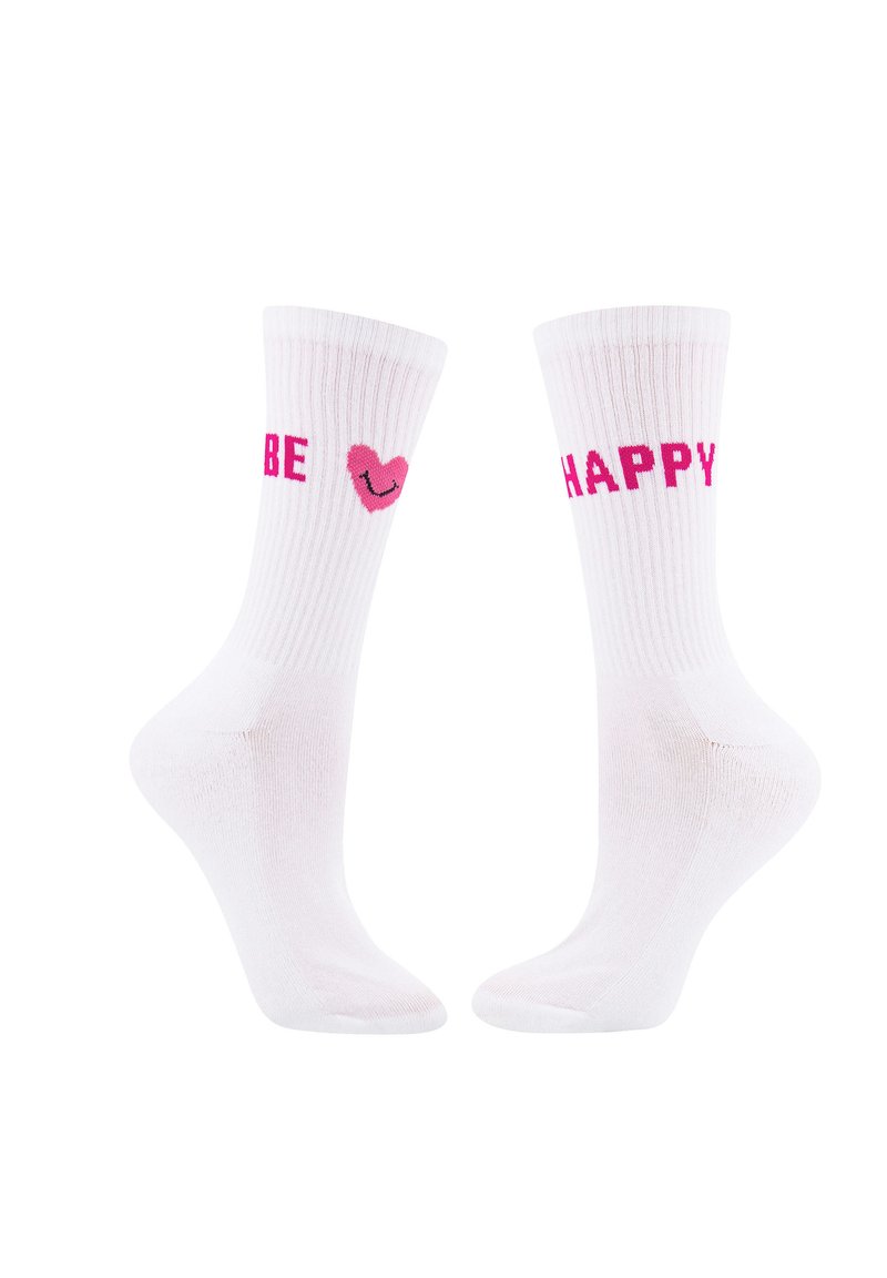 Weiße Baumwoll-Crew-Socken mit gerippten Bündchen; bedruckter Text "BE" und "HAPPY" in leuchtendem Pink, mit einem pinkfarbenen Herz, das ein lächelndes Gesicht zeigt.