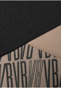 Black and beige fabric sections with a textured surface. The beige section features a repeating printed design in dark gray.