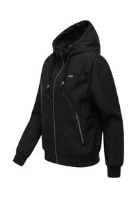 Black hooded jacket with front zipper, adjustable drawstrings, zippered side pockets, and ribbed cuffs and hem.