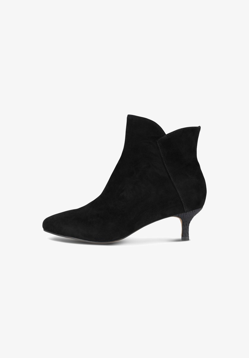 Botas de tobillo de ante negro con punta afilada, tacón bajo y un corte angular en el cuello. El patrón texturizado en el tacón añade detalle.