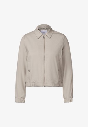 Beige bomberjakke lavet af letvægtsstof, med lynlås foran, krave, elastiske ærmer og sidelommer med trykknapper.