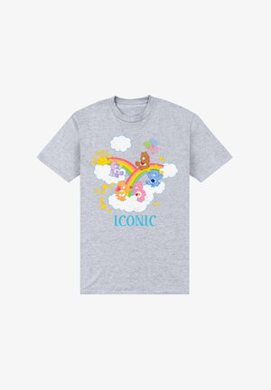 Graues Baumwoll-T-Shirt mit einem bunten Cartoon-Design, das Wolken, einen Regenbogen und die Sonne zeigt, akzentuiert mit dem Wort "ICONIC" in Türkis.