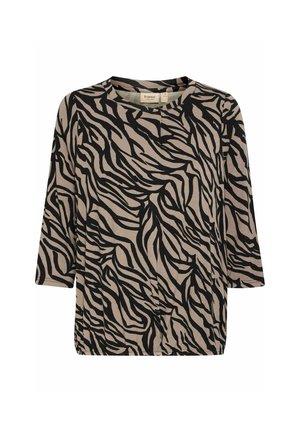 Beige top med et dristigt sort zebra-stribe mønster, bred halsudskæring, trekvartærmer og en afslappet pasform.