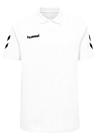 Witte polo met korte mouwen van katoen met een kraag. Voorzien van zwart 'hummel' logo en twee zwarte chevronpatronen op de mouwen.