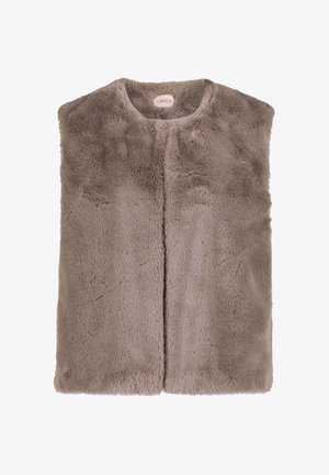 Ärmellose taubfarbene Kunstfell-Weste mit Rundhalsausschnitt und verstecktem Frontverschluss, weicher Textur und Markenetikett im Kragen.