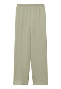 Pantalons larges vert clair en tissu doux et texturé, dotés d'une taille élastique pour le confort. Aucune motif ou accent visible.