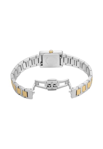 Silver metal watch band with gold accents and a square watch case, shown from the back with clasp open on a white background.