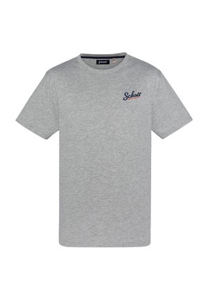 Camiseta gris de manga corta, hecha de algodón, con cuello redondo y un pequeño logo en navy "Schott" en la parte izquierda del pecho.