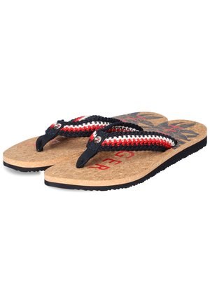 Flip-Flop-Sandalen mit Korksohlen, schwarzen, roten und weißen gewebten Stoffriemen und einem Blumenmuster auf dem Fußbett.
