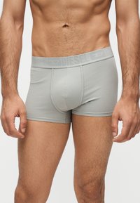 Buste masculin portant un boxer Diesel gris clair avec une ceinture avec logo, montrant un abdomen tonique et le haut des cuisses sur un fond uni.