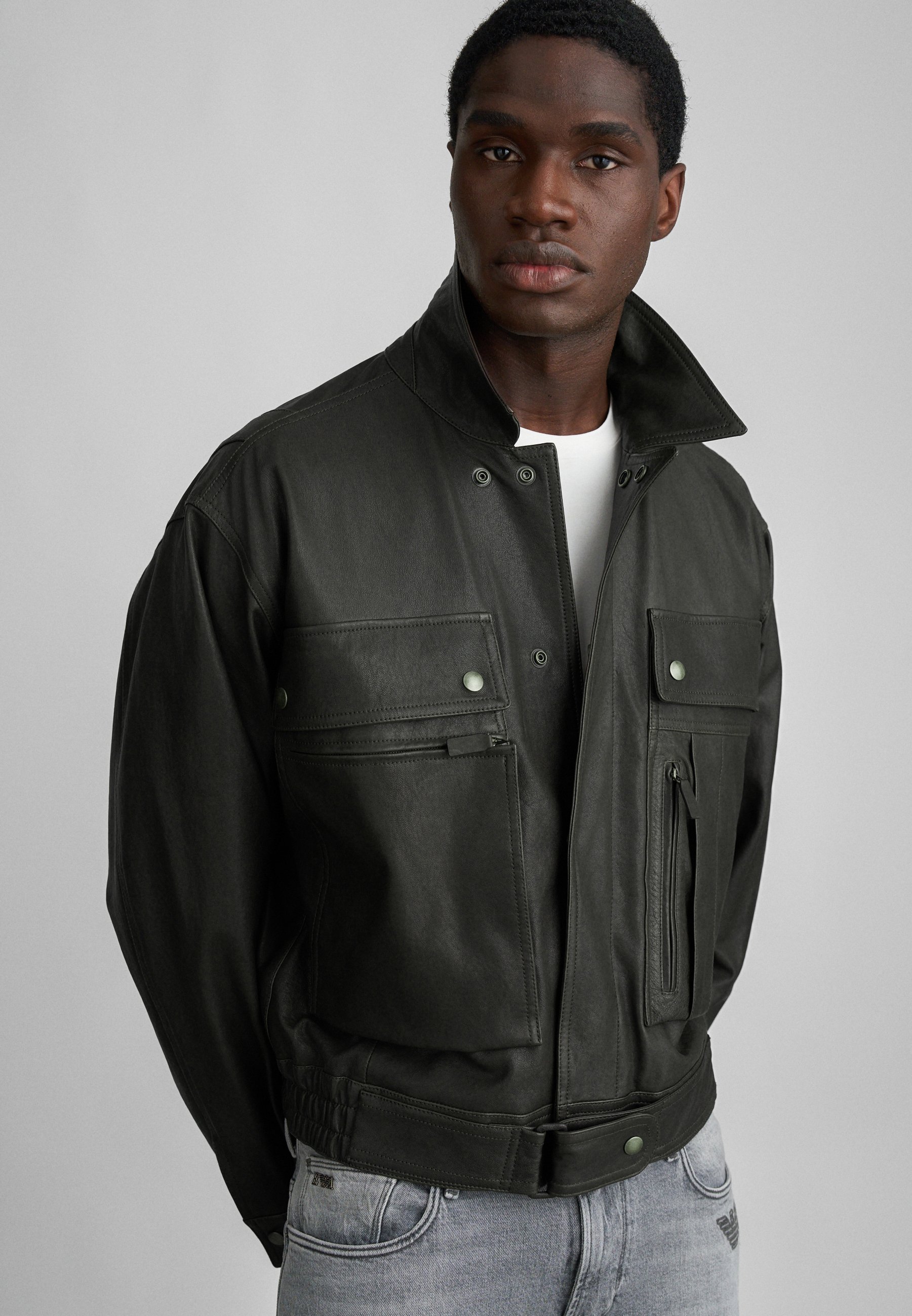 Emporio Armani BLOUSON JACKET - Leather jacket - black/brown