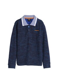 Polo shirt à manches longues bleu marine avec un motif texturé, col bleu clair contrastant, patte de boutonnage à trois boutons et logo brodé sur la poitrine.