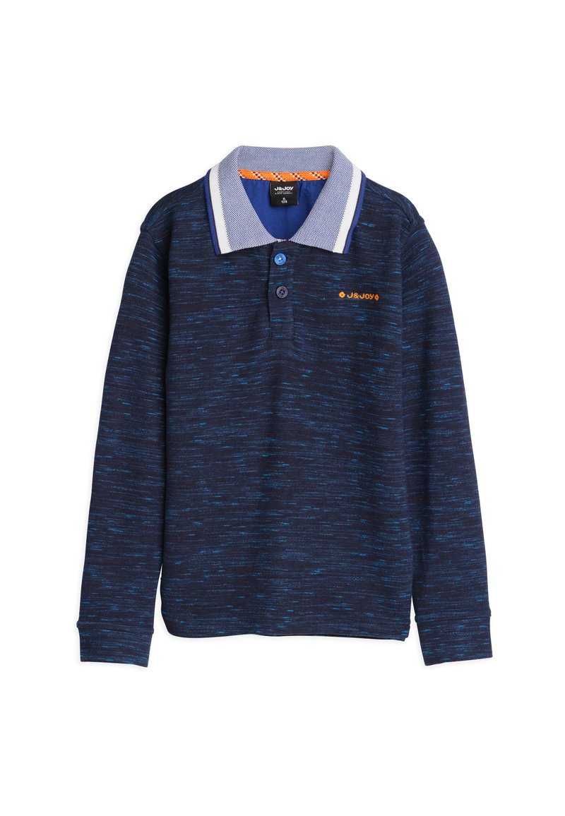 Polo shirt à manches longues bleu marine avec un motif texturé, col bleu clair contrastant, patte de boutonnage à trois boutons et logo brodé sur la poitrine.