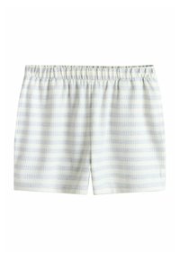 Light-colored shorts with an elastic waistband, featuring a checkered pattern in soft blue and white. Cotton blend fabric, smooth texture.