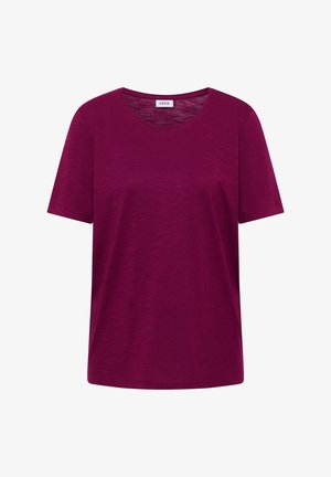 Kortærmet t-shirt med rund hals i ensfarvet dyb magenta med et subtilt struktureret stof og et lille hvidt mærke med brandnavn inde i kraven.