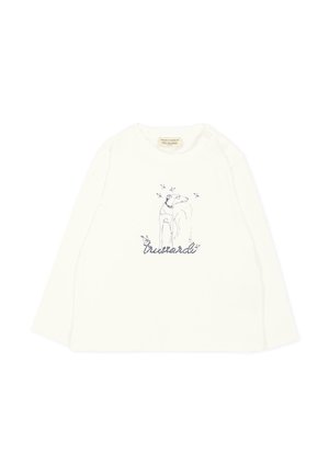 Maglietta bianca per bambini a maniche lunghe con un sottile schizzo di cane navy, piccoli uccelli e testo "Trussardi" sulla parte anteriore, con due bottoni sulla spalla.