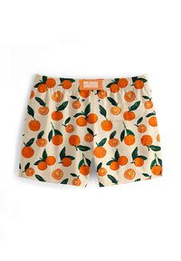 Vīriešu peldkostīmi gaiši bežā audumā ar visaptverošu oranžu citrusaugļu un zaļu lapu rakstu. Elastīga jostasvieta ar logotipa birku.
