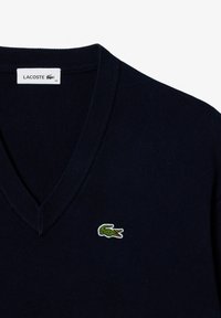 Navyblauwe v-hals sweater van gestructureerde stof, met een groen en wit krokodillenlogo op de linkerborst.