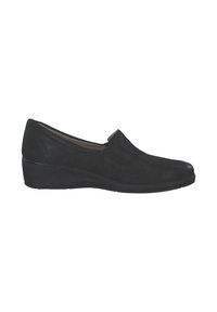 Schwarze Slip-On-Schuhe aus Veloursleder mit abgerundeter Spitze, niedrigem Keilabsatz und dezenten Ziernähten. Glatte Oberfläche mit minimalistischem Design.