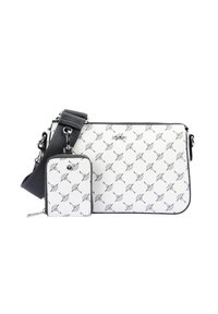 Borsa bianca con un design a fantasia, dotata di una piccola pochette removibile e di una tracolla grigia. La borsa ha una chiusura a zip.