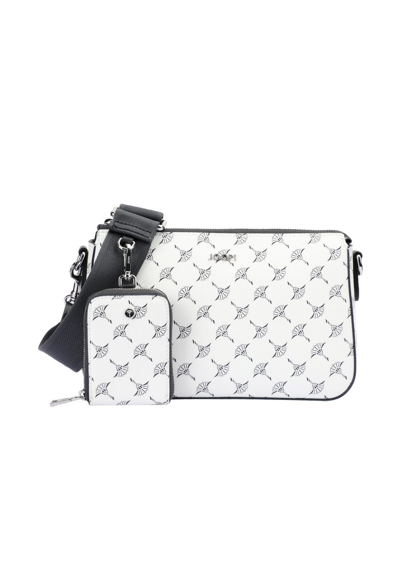 Borsa bianca con un design a fantasia, dotata di una piccola pochette removibile e di una tracolla grigia. La borsa ha una chiusura a zip.