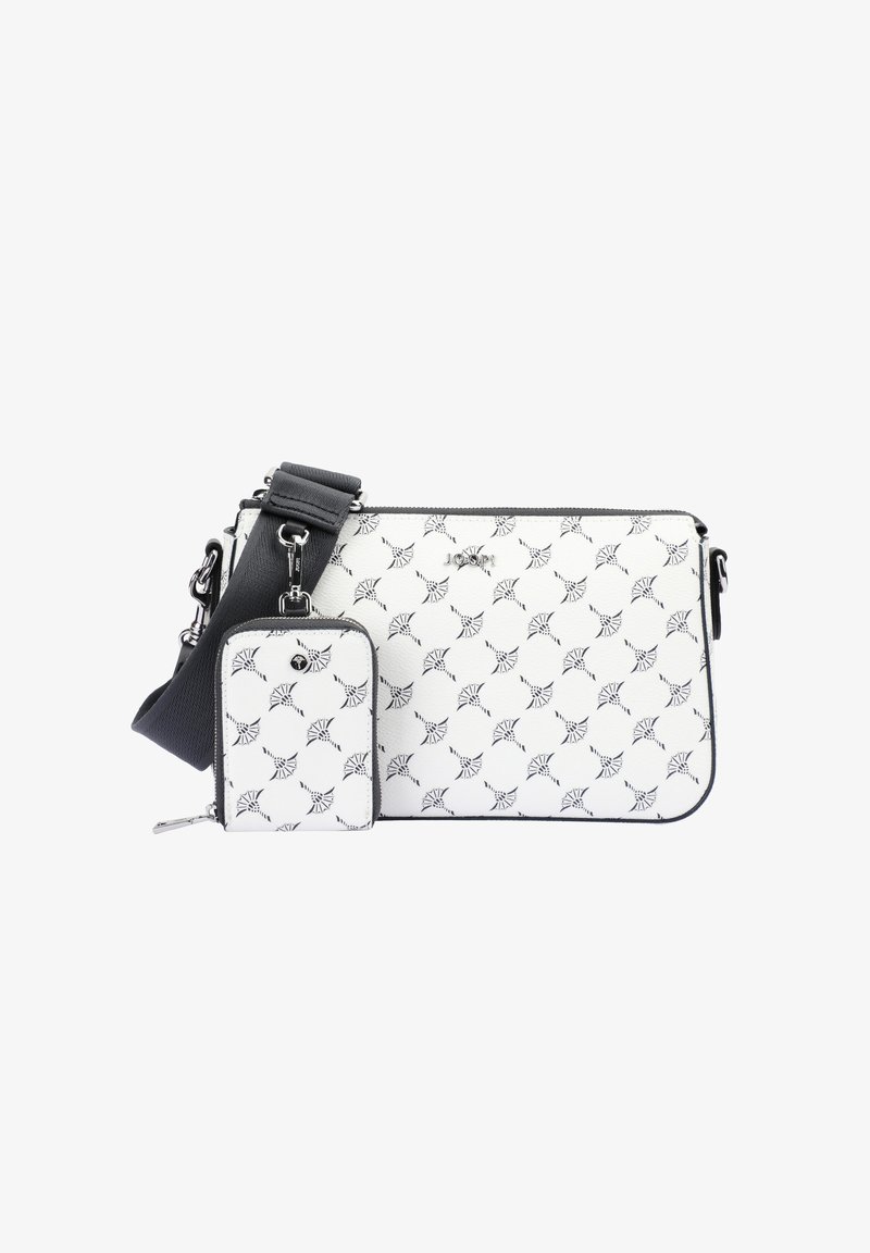 Borsa bianca con un design a fantasia, dotata di una piccola pochette removibile e di una tracolla grigia. La borsa ha una chiusura a zip.