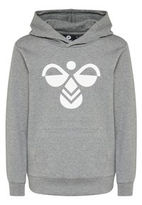 Grijze hoodie gemaakt van zachte stof met een voorzak in kangoeroestijl. Voorzien van een groot wit grafisch ontwerp op de borst. Lange mouwen en een verstelbare capuchon.