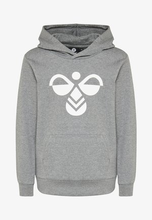 Grau Kapuzenpullover aus weichem Stoff mit einer vorderen Kängurutasche. Mit einem großen weißen Grafikdesign auf der Brust. Lange Ärmel und verstellbare Kapuze.