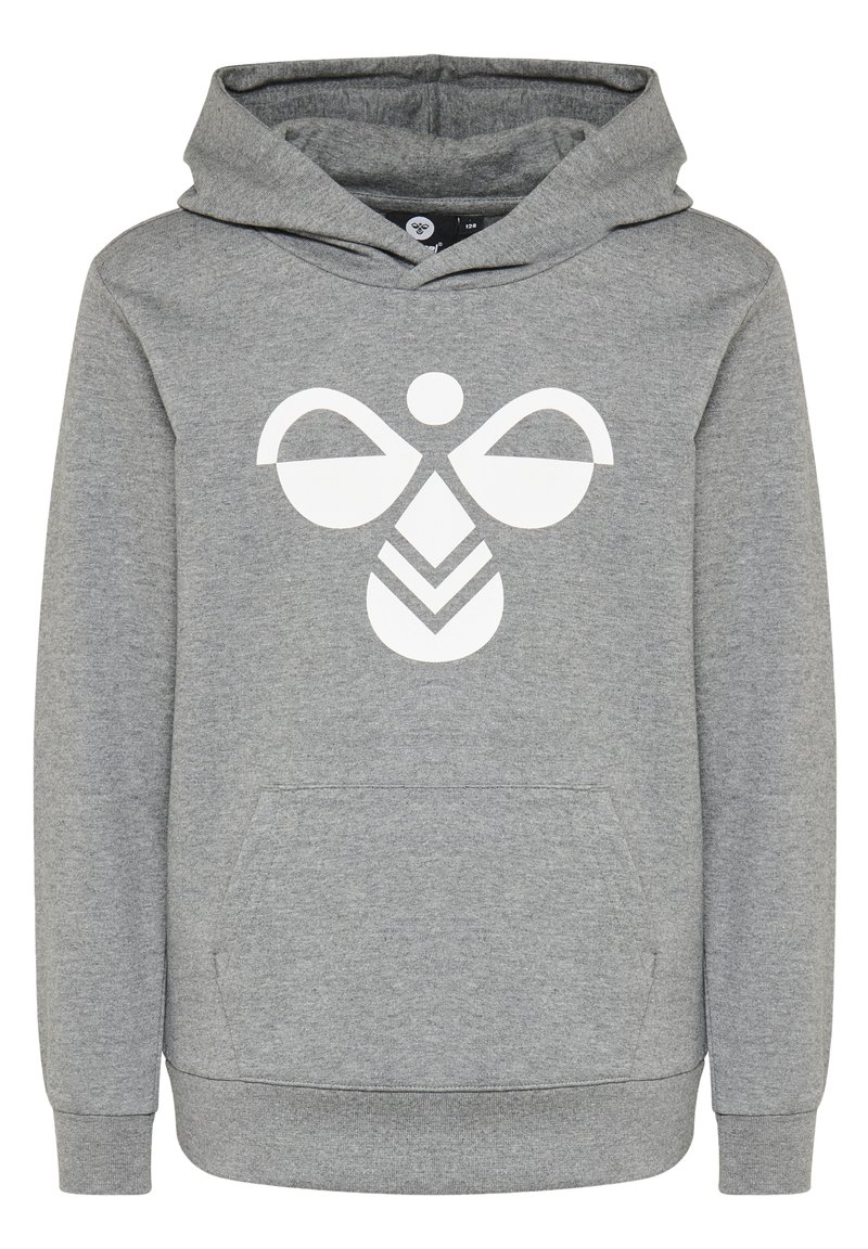 Grau Kapuzenpullover aus weichem Stoff mit einer vorderen Kängurutasche. Mit einem großen weißen Grafikdesign auf der Brust. Lange Ärmel und verstellbare Kapuze.