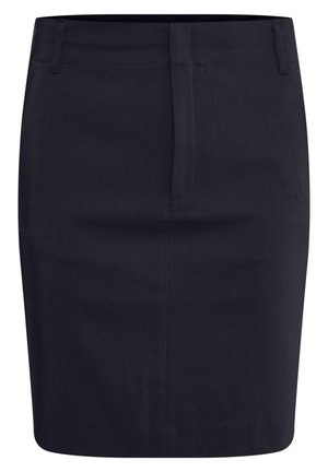 Black tailored skirt, knee-length, smooth texture, featuring a front zipper closure and belt loops. Subtle stitching detail.