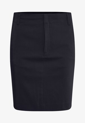 Black tailored skirt, knee-length, smooth texture, featuring a front zipper closure and belt loops. Subtle stitching detail.