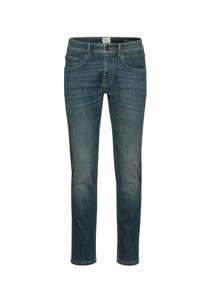 Denim-Jeans in mittelblau, normale Passform, Fünf-Taschen-Design, mit Reißverschluss und Knopfverschluss. Leichte Ausbleichung auf den Oberschenkeln, leichtes Washing.