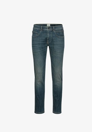 Denim jeans in medium blue, regular fit, met een vijf-pocket ontwerp, zip fly en knoopsluiting. Licht vervaging op de bovenbenen, lichte slijtage.
