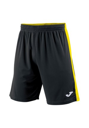 Zwarte sportshorts met gele zijstrepen en een elastische tailleband, met een klein wit "J"-logo vlak bij de onderzoom.