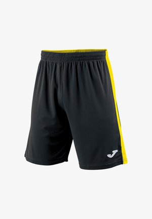 Zwarte sportshorts met gele zijstrepen en een elastische tailleband, met een klein wit "J"-logo vlak bij de onderzoom.