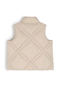 Beżowa pikowana kamizelka puchowa z wysokim kołnierzem, posiadająca diamentowy wzór przeszycia oraz boczne otwory, wykonana z lekkiego, gładkiego materiału.