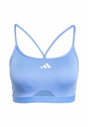 Plavi sportski crop top s prilagođenim dizajnom, izrađen od glatkog materijala. Ima tanke križne naramenice i bijeli brend logo sprijeda.