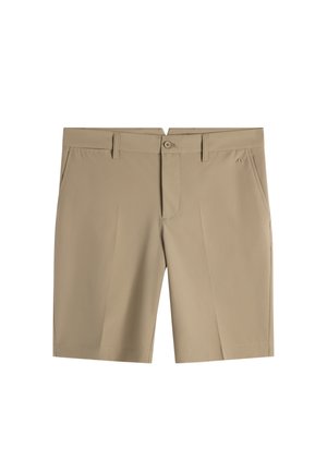 Beżowe, dopasowane szorty z szlufkami na pasek, zapięciem na guziki z przodu, bocznymi kieszeniami i subtelnym logo na prawej kieszeni.