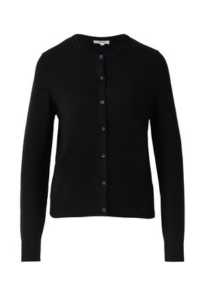 Cardigan noir en tissu tricoté, avec des manches longues, un col rond et une fermeture à boutons à l'avant avec de petits boutons noirs.
