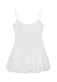 Mini-robe blanche sans manches avec fines bretelles réglables et ourlet de jupe froncé et bouffant.